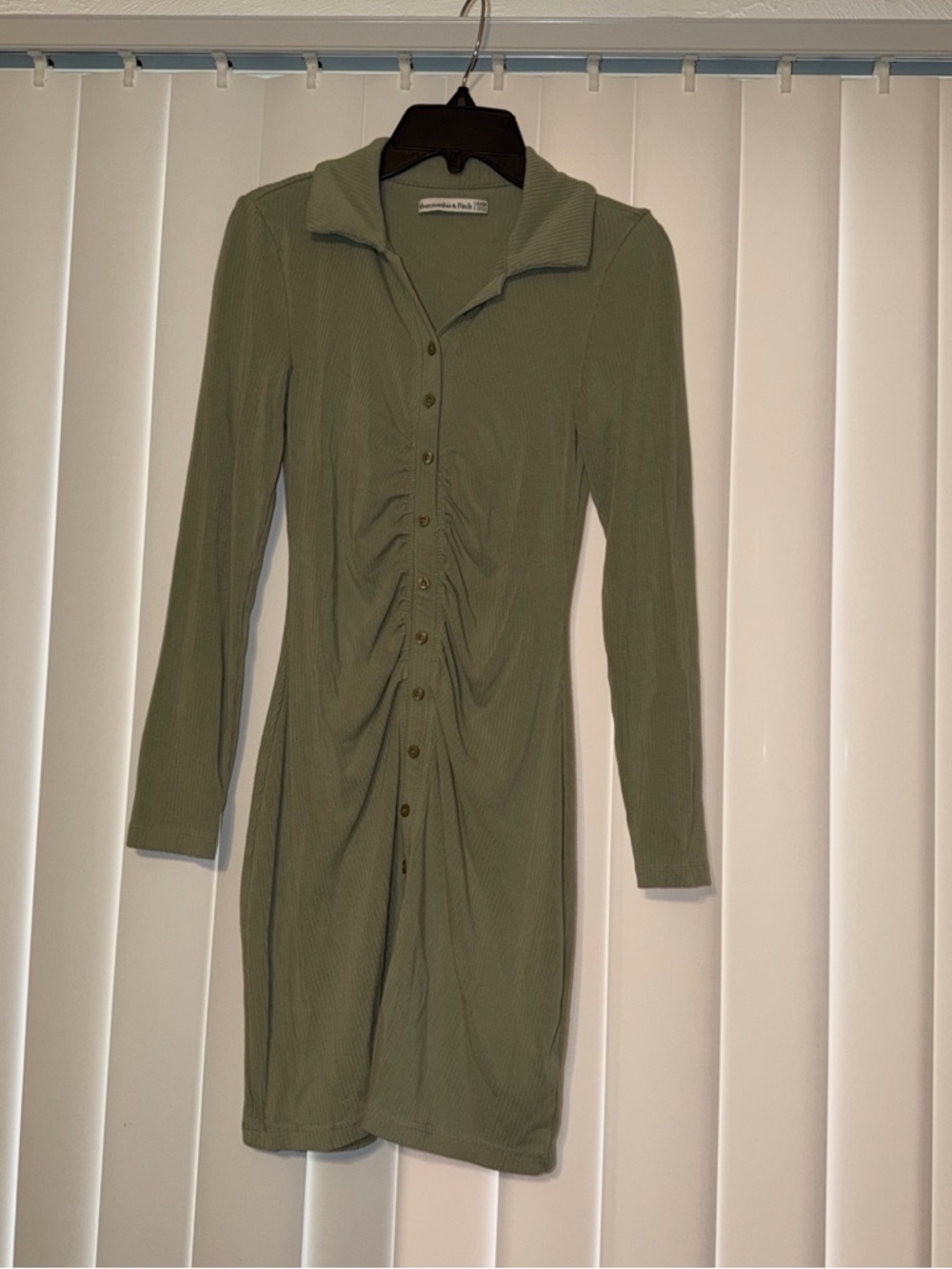 Abercrombie & Fitch Sage Green Ribbed Button-Down Long Sleeve Dress XXS petite